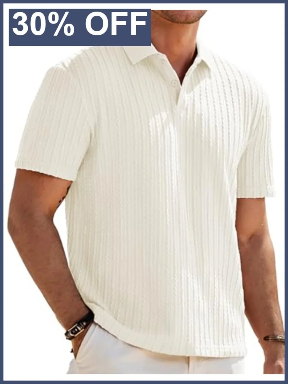 Men's Textured Knit Polo Shirt Short Sleeve Button Casual Golf